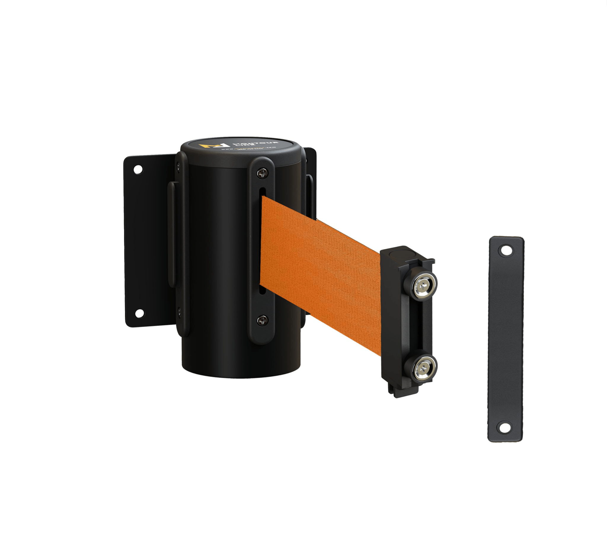 Fixed Wall Mount Retractable Belt Barrier with Magnetic Belt End, Black Steel Case, 14 ft or 16 ft Belt - Montour Line WM215 - Crowd Control Warehouse