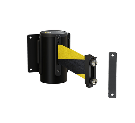 Fixed Wall Mount Retractable Belt Barrier with Magnetic Belt End, Black Steel Case, 14 ft or 16 ft Belt - Montour Line WM215 - Crowd Control Warehouse