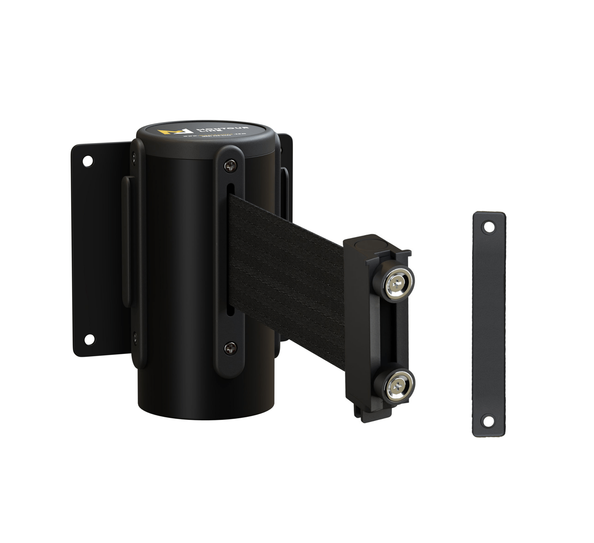 Fixed Wall Mount Retractable Belt Barrier with Magnetic Belt End, Black Steel Case, 14 ft or 16 ft Belt - Montour Line WM215 - Crowd Control Warehouse