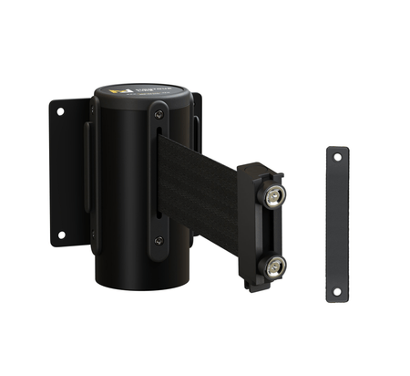 Fixed Wall Mount Retractable Belt Barrier with Magnetic Belt End, Black Steel Case, 14 ft or 16 ft Belt - Montour Line WM215 - Crowd Control Warehouse