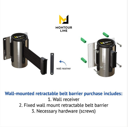 Fixed Wall Mount Retractable Belt Barrier with Magnetic Belt End, Polished Stainless Steel Case, 14 ft or 16 ft Belt - Montour Line WM215 - Crowd Control Warehouse