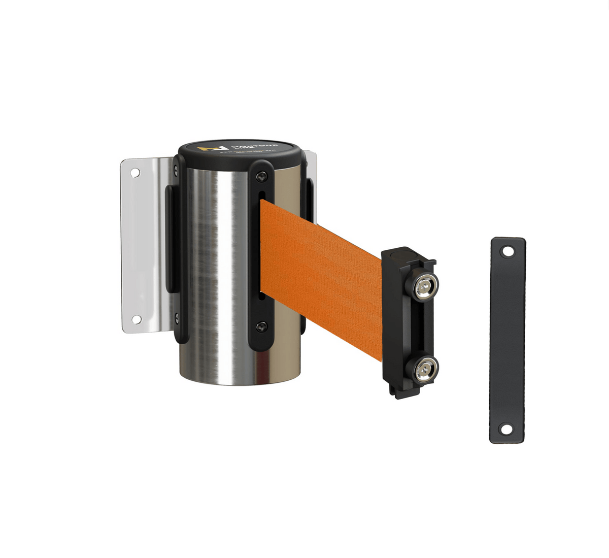 Fixed Wall Mount Retractable Belt Barrier with Magnetic Belt End, Polished Stainless Steel Case, 14 ft or 16 ft Belt - Montour Line WM215 - Crowd Control Warehouse