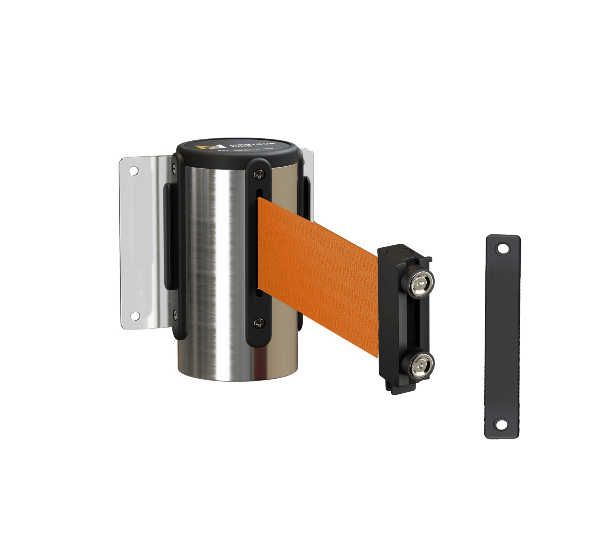 Fixed Wall Mount Retractable Belt Barrier with Magnetic Belt End, Polished Stainless Steel Case, 14 ft or 16 ft Belt - Montour Line WM215 - Crowd Control Warehouse