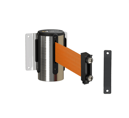 Fixed Wall Mount Retractable Belt Barrier with Magnetic Belt End, Polished Stainless Steel Case, 14 ft or 16 ft Belt - Montour Line WM215 - Crowd Control Warehouse