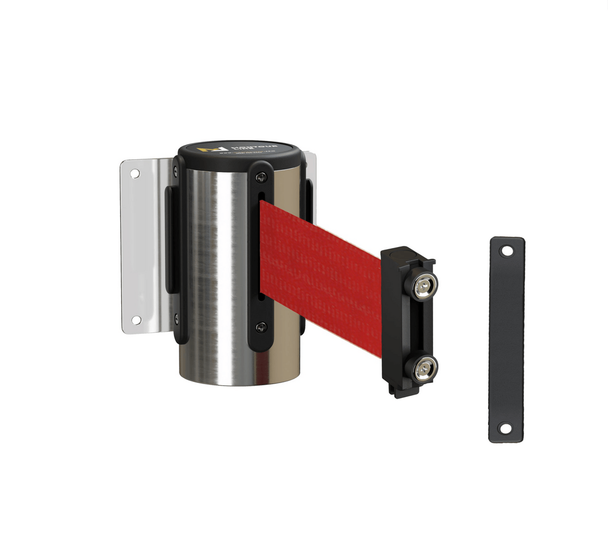 Fixed Wall Mount Retractable Belt Barrier with Magnetic Belt End, Polished Stainless Steel Case, 14 ft or 16 ft Belt - Montour Line WM215 - Crowd Control Warehouse