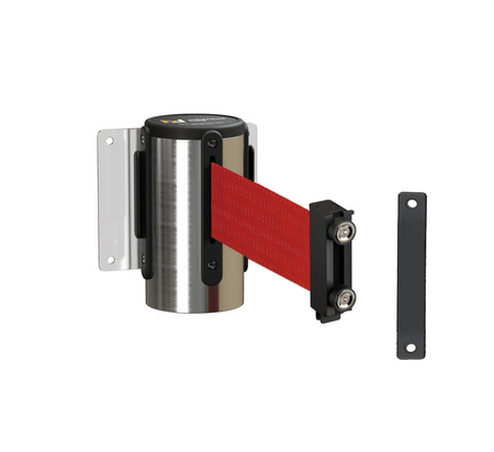 Fixed Wall Mount Retractable Belt Barrier with Magnetic Belt End, Polished Stainless Steel Case, 14 ft or 16 ft Belt - Montour Line WM215 - Crowd Control Warehouse