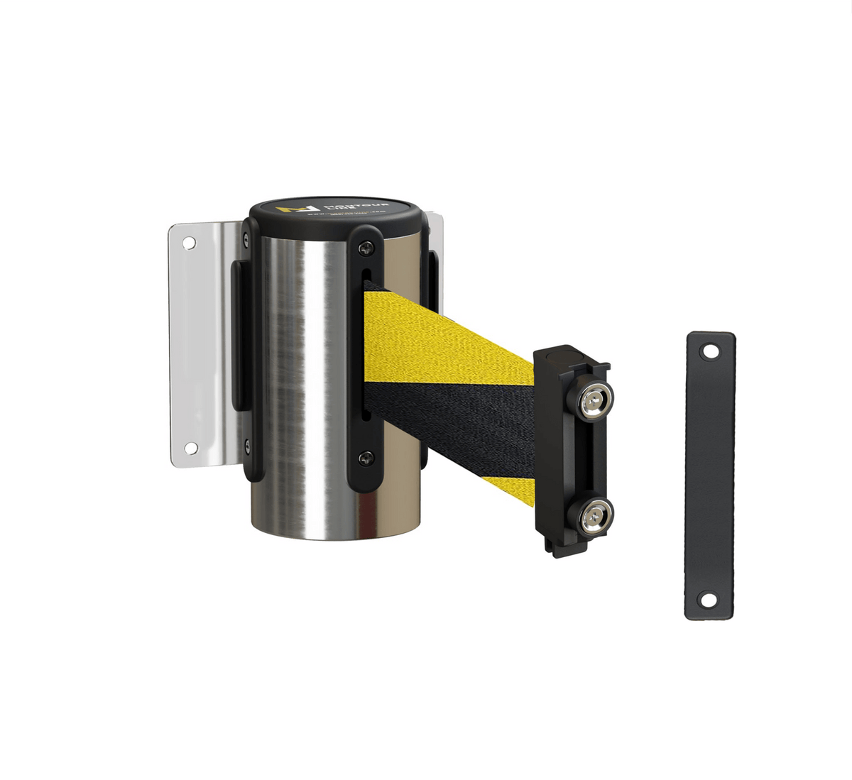 Fixed Wall Mount Retractable Belt Barrier with Magnetic Belt End, Polished Stainless Steel Case, 14 ft or 16 ft Belt - Montour Line WM215 - Crowd Control Warehouse