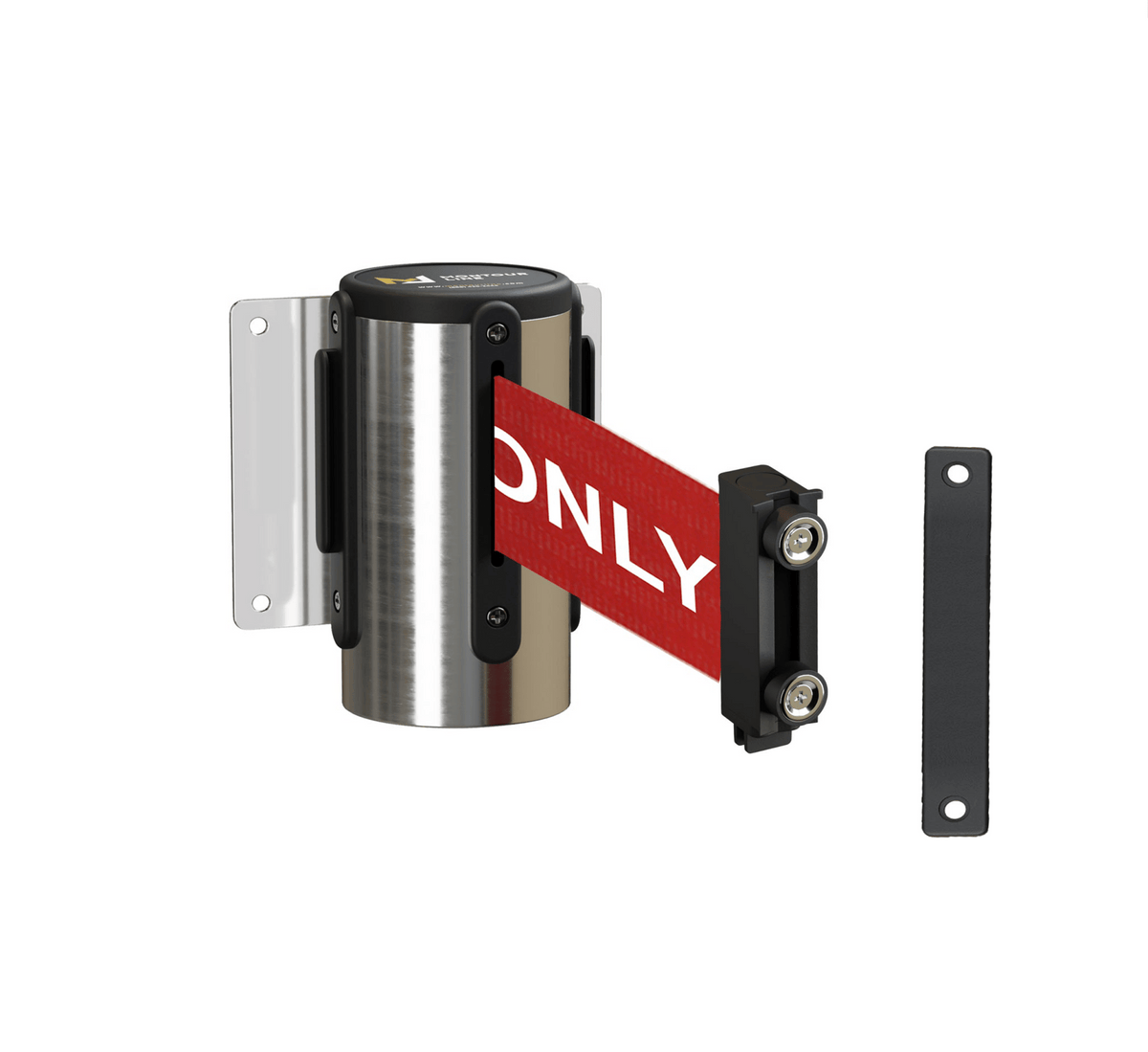 Fixed Wall Mount Retractable Belt Barrier with Magnetic Belt End, Polished Stainless Steel Case, 14 ft or 16 ft Belt - Montour Line WM215 - Crowd Control Warehouse