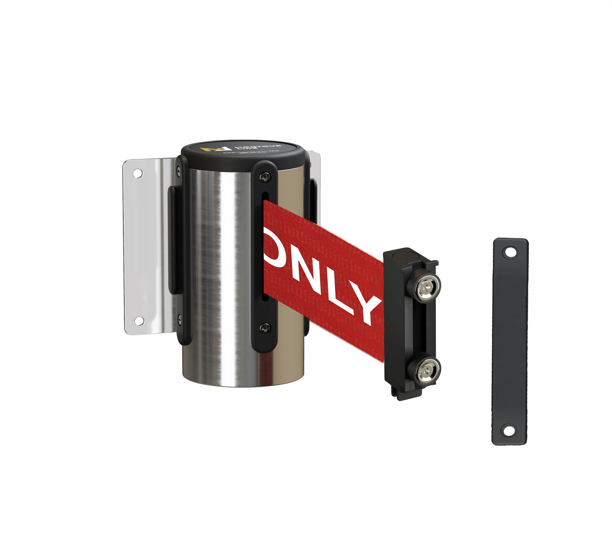 Fixed Wall Mount Retractable Belt Barrier with Magnetic Belt End, Polished Stainless Steel Case, 14 ft or 16 ft Belt - Montour Line WM215 - Crowd Control Warehouse