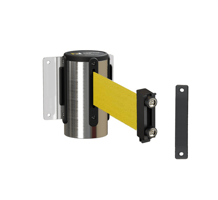 Fixed Wall Mount Retractable Belt Barrier with Magnetic Belt End, Polished Stainless Steel Case, 14 ft or 16 ft Belt - Montour Line WM215 - Crowd Control Warehouse