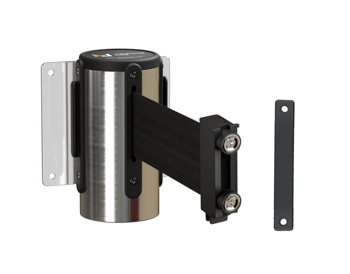 Fixed Wall Mount Retractable Belt Barrier with Magnetic Belt End, Polished Stainless Steel Case, 14 ft or 16 ft Belt - Montour Line WM215 - Crowd Control Warehouse