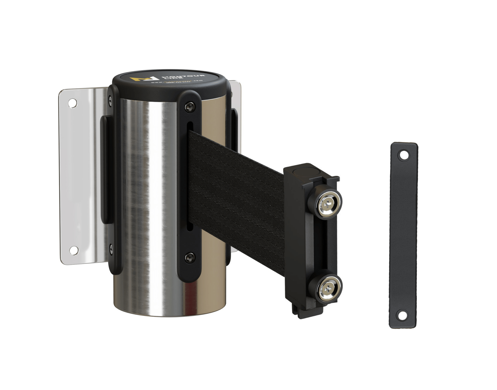 Fixed Wall Mount Retractable Belt Barrier with Magnetic Belt End, Polished Stainless Steel Case, 14 ft or 16 ft Belt - Montour Line WM215 - Crowd Control Warehouse