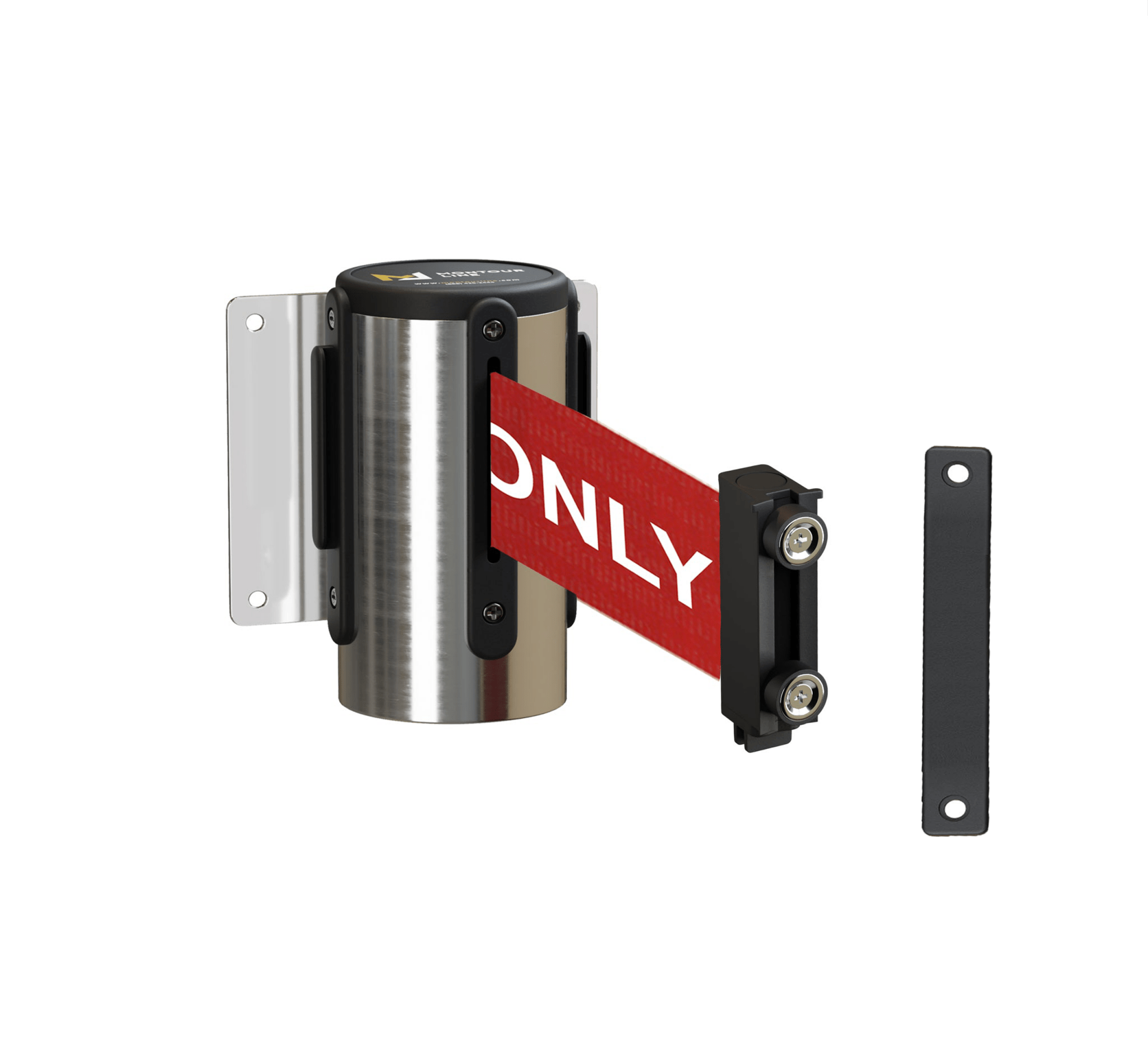 Fixed Wall Mount Retractable Belt Barrier with Magnetic Belt End, Polished Stainless Steel Case, 14 ft or 16 ft Belt - Montour Line WM215 - Crowd Control Warehouse