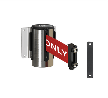 Fixed Wall Mount Retractable Belt Barrier with Magnetic Belt End, Polished Stainless Steel Case, 14 ft or 16 ft Belt - Montour Line WM215 - Crowd Control Warehouse