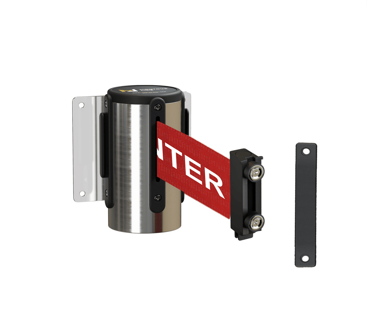 Fixed Wall Mount Retractable Belt Barrier with Magnetic Belt End, Polished Stainless Steel Case, 14 ft or 16 ft Belt - Montour Line WM215 - Crowd Control Warehouse