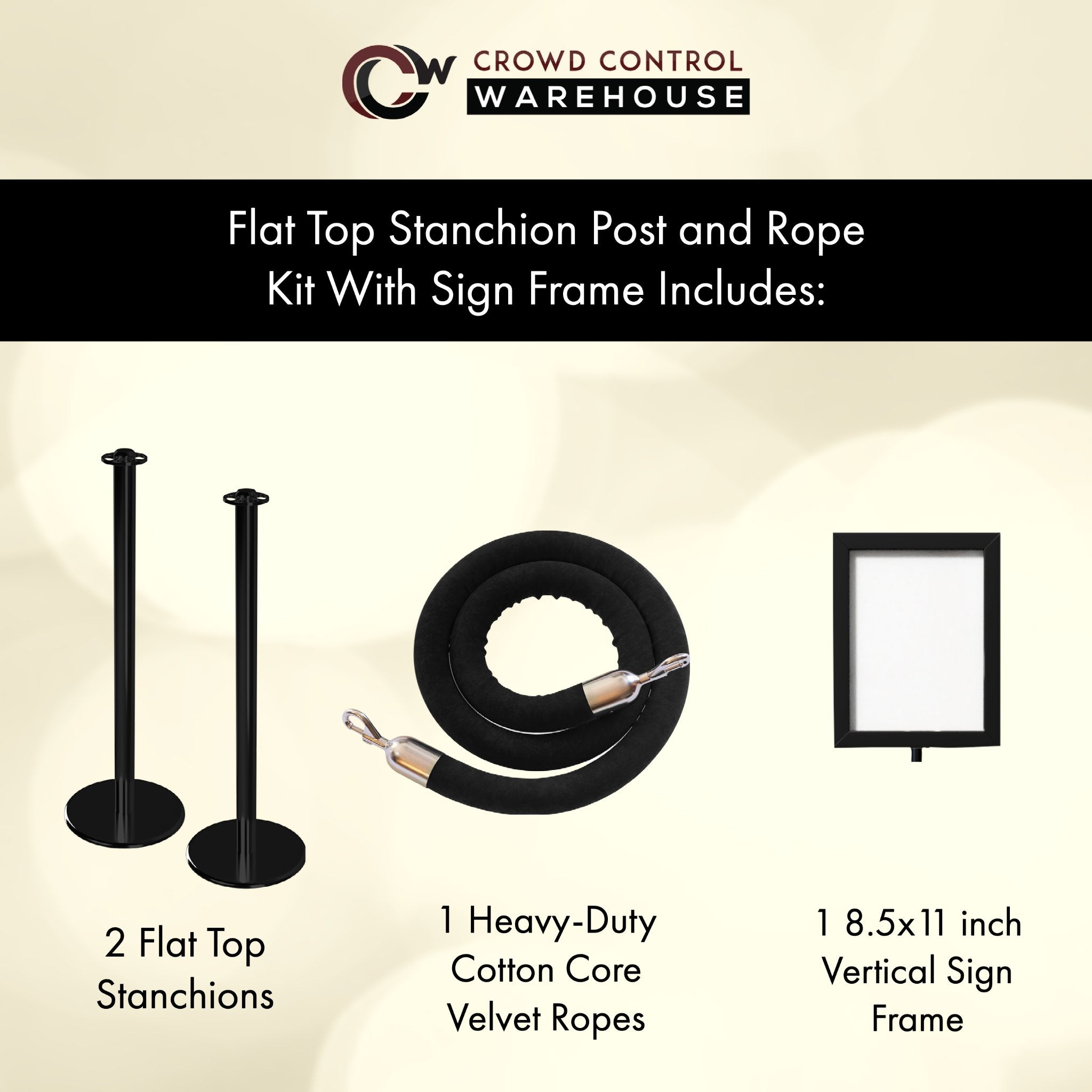 Flat Top Post and Rope Stanchion Kit with Sign Frame - Montour Line - Crowd Control Warehouse