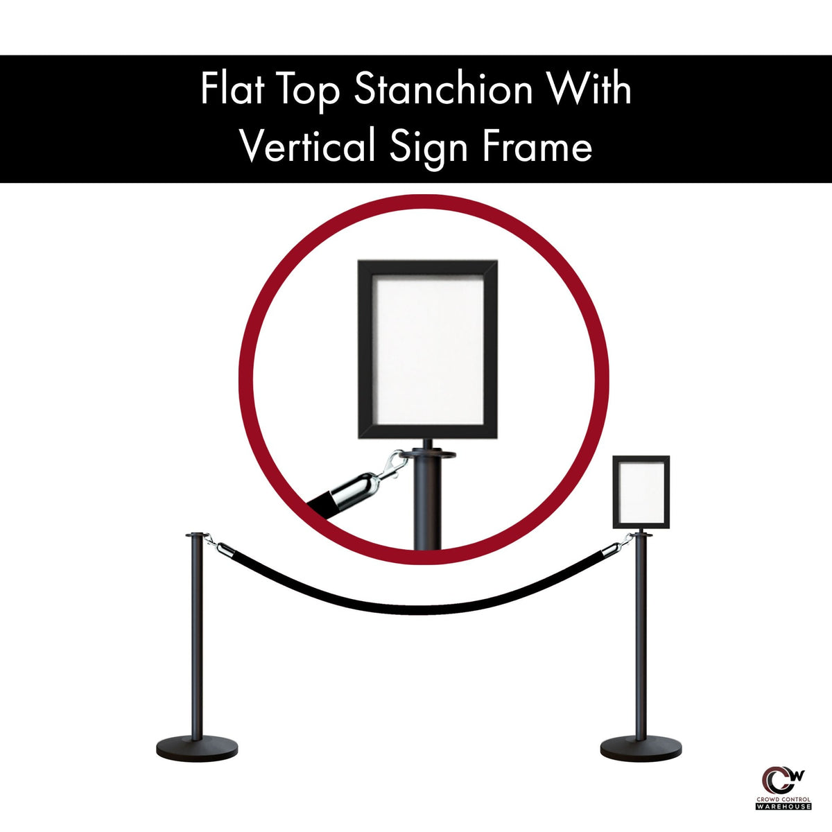 Flat Top Post and Rope Stanchion Kit with Sign Frame - Montour Line - Crowd Control Warehouse