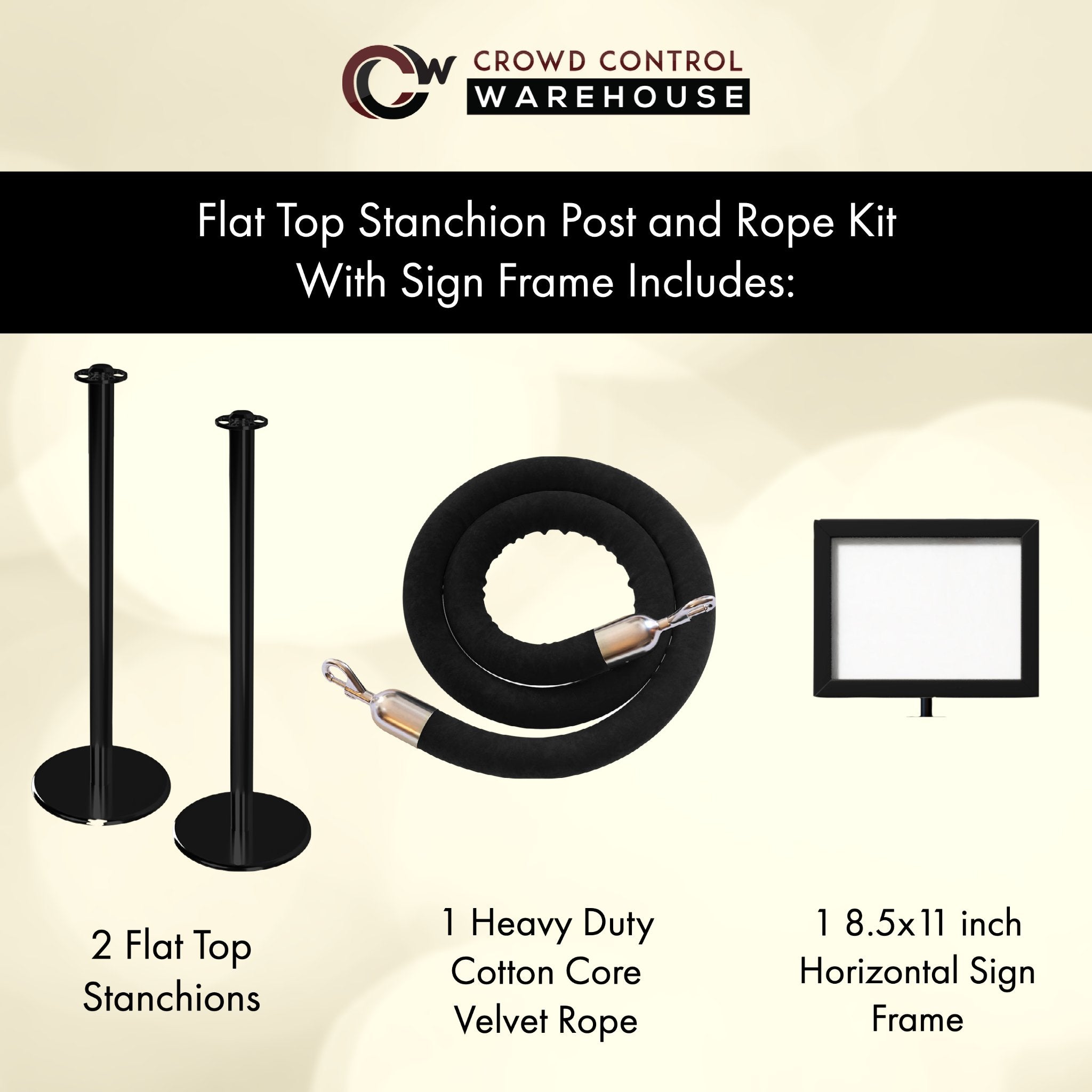 Flat Top Post and Rope Stanchion Kit with Sign Frame - Montour Line - Crowd Control Warehouse