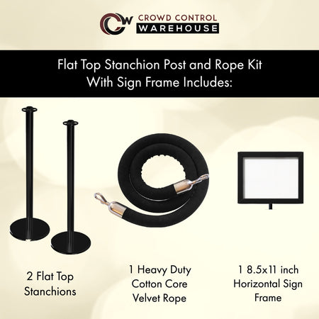 Flat Top Post and Rope Stanchion Kit with Sign Frame - Montour Line - Crowd Control Warehouse