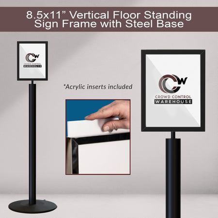 Floor Standing Sign Frame, Black Post, Steel Low Profile Base - Crowd Control Warehouse