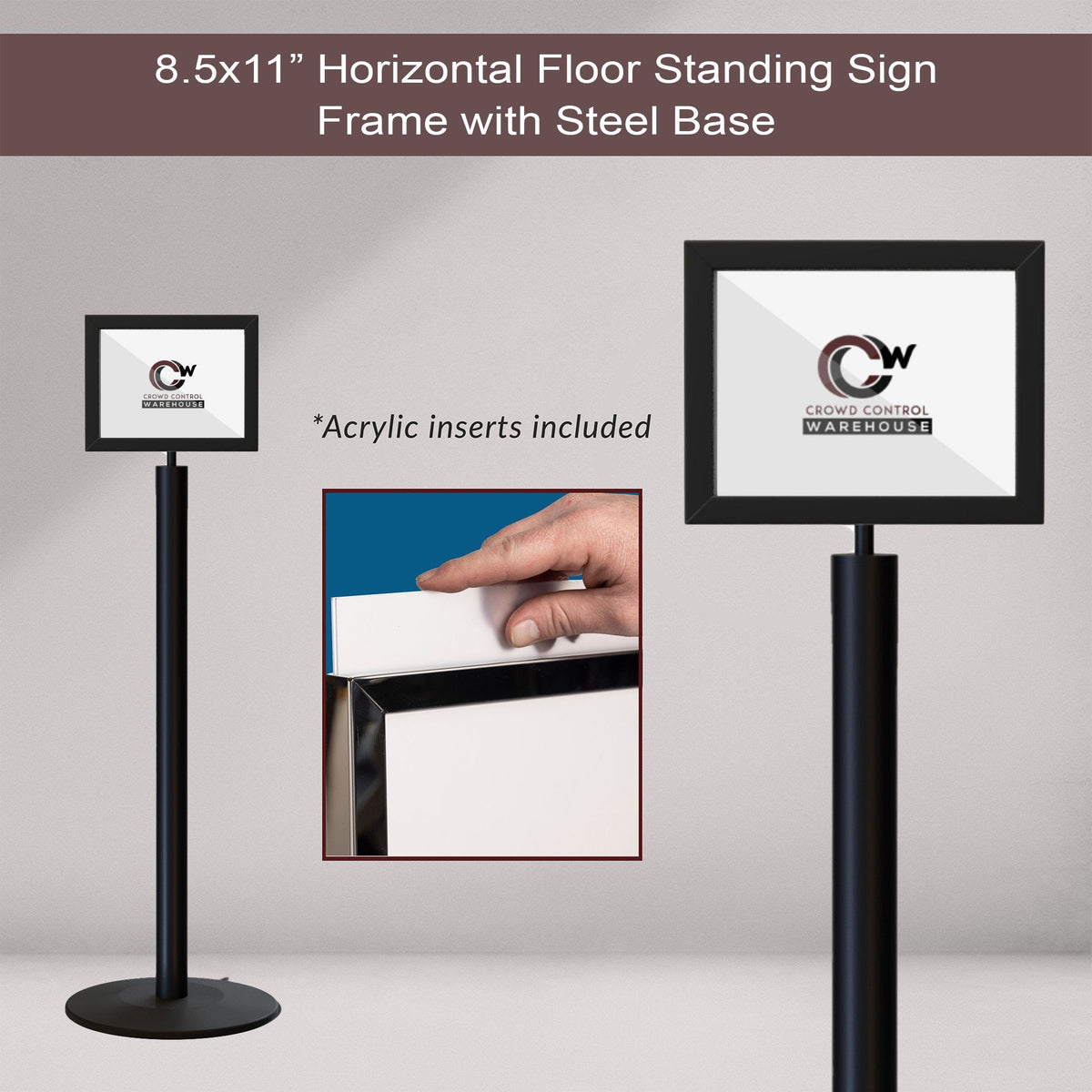 Floor Standing Sign Frame, Black Post, Steel Low Profile Base - Crowd Control Warehouse