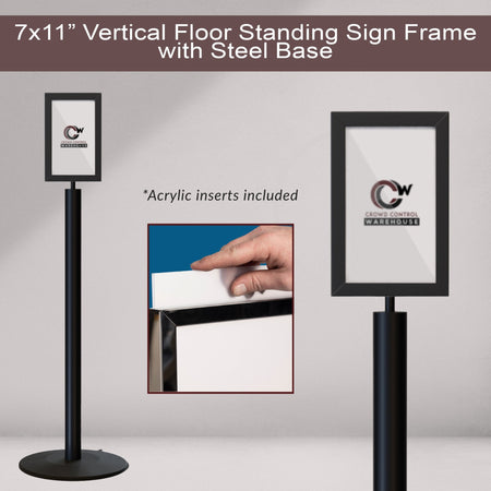 Floor Standing Sign Frame, Black Post, Steel Low Profile Base - Crowd Control Warehouse
