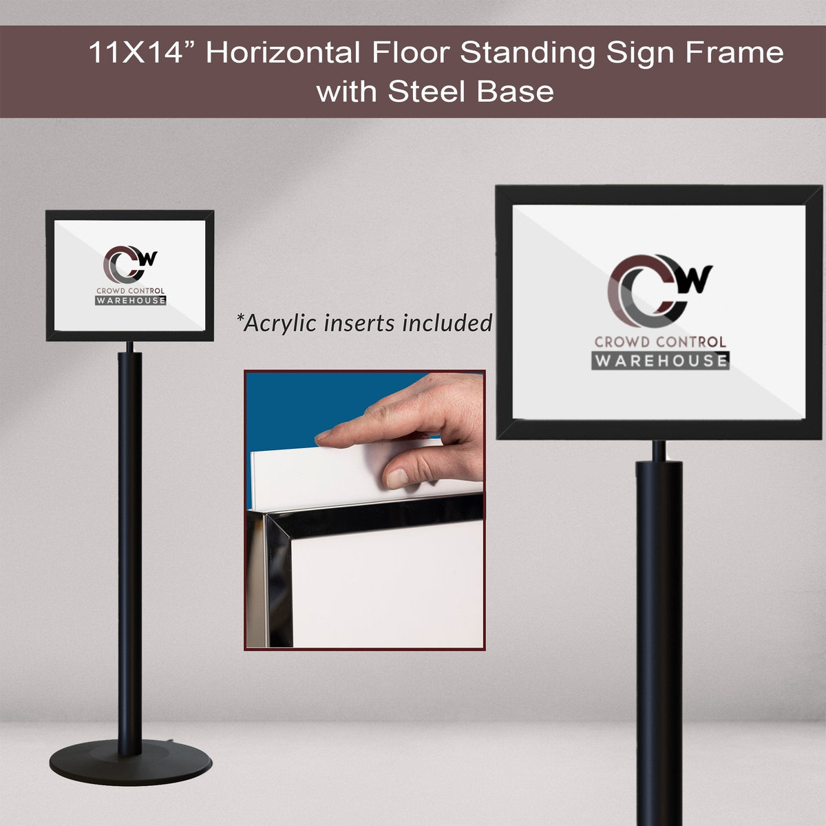 Floor Standing Sign Frame, Black Post, Steel Low Profile Base - Crowd Control Warehouse