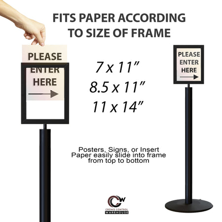Floor Standing Sign Frame, Black Post, Steel Low Profile Base - Crowd Control Warehouse