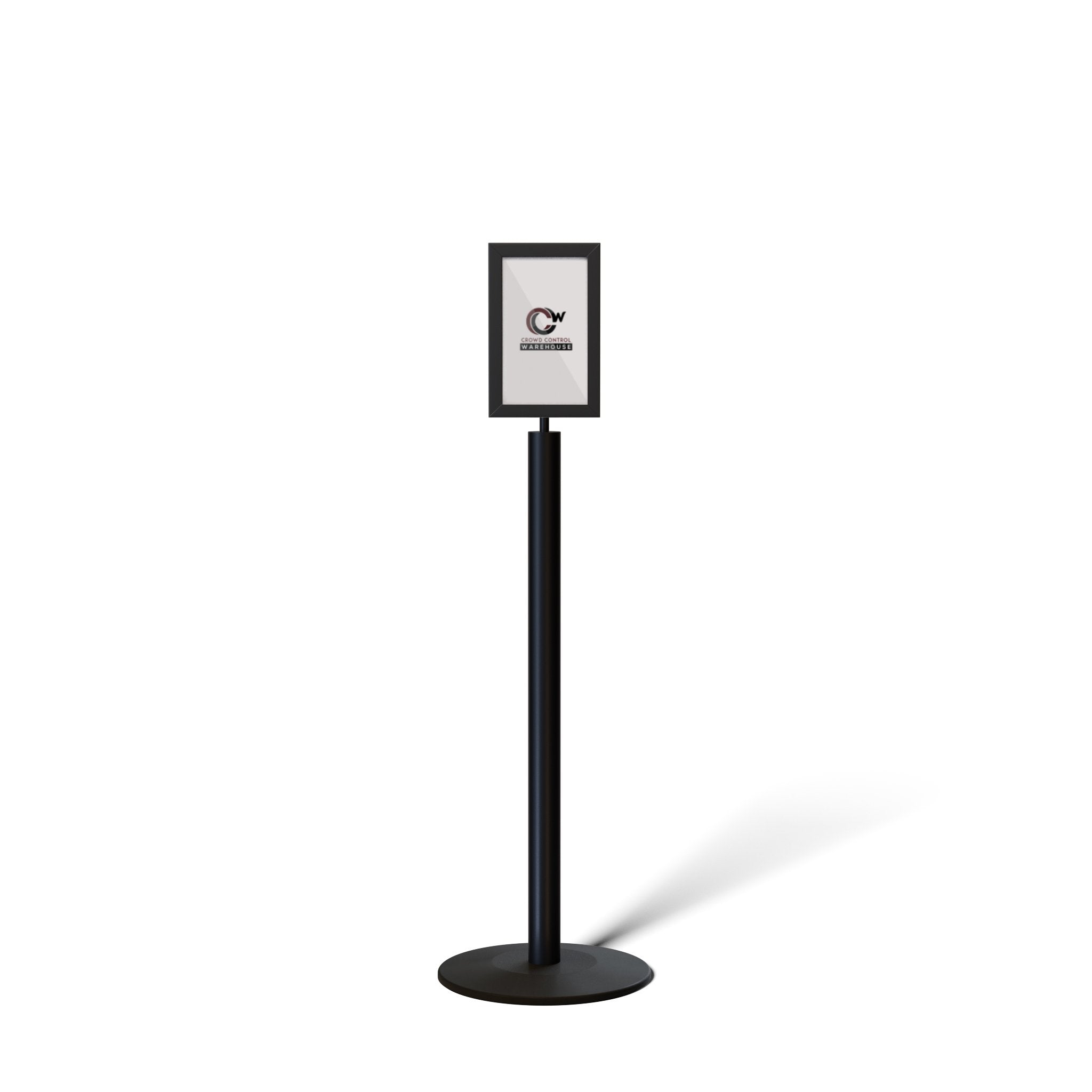 Floor Standing Sign Frame, Black Post, Steel Low Profile Base - Crowd Control Warehouse