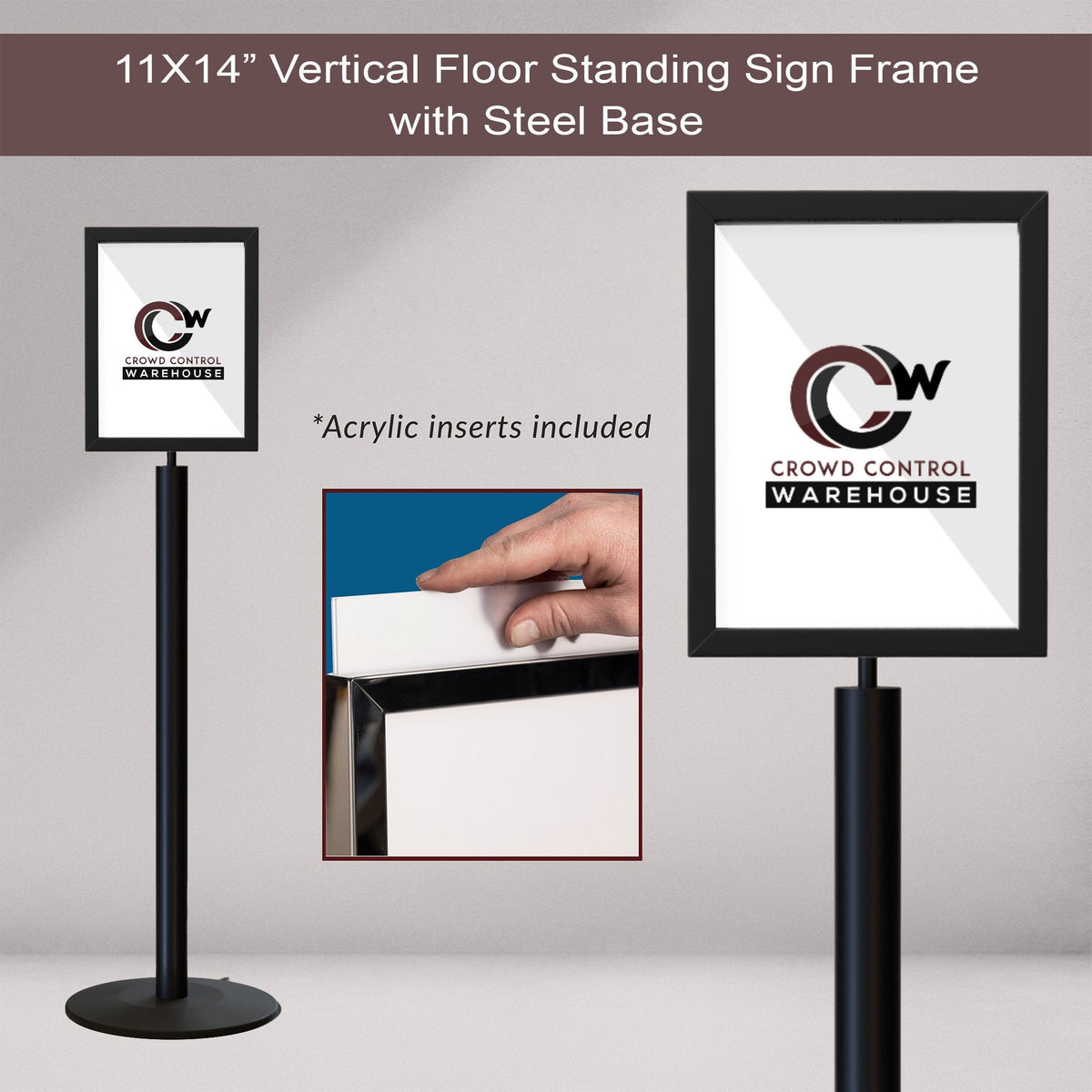 Floor Standing Sign Frame, Black Post, Steel Low Profile Base - Crowd Control Warehouse