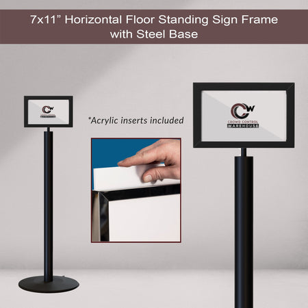 Floor Standing Sign Frame, Black Post, Steel Low Profile Base - Crowd Control Warehouse