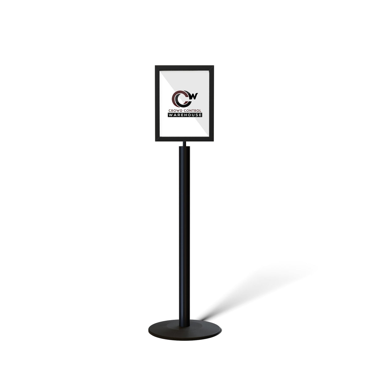Floor Standing Sign Frame, Black Post, Steel Low Profile Base - Crowd Control Warehouse