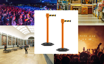 Retractable Belt Barrier Stanchion, Rubber Base, Orange Post, 35 ft Belt - Montour Line MSR760