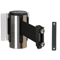 Fixed Wall Mount Retractable Belt Barrier with Magnetic Belt End, Polished Stainless Steel Case, 14 ft or 16 ft Belt - Montour Line WM215
