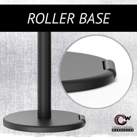 Retractable Belt Barrier Stanchion, Rolling Base, Yellow Steel Post, 13 ft Dual Belt - Montour Line MSE630D