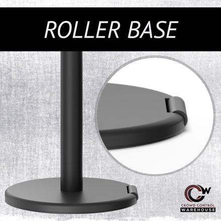 Retractable Belt Barrier Stanchion, Rolling Base, Satin Brass Post, 7.5 ft Belt - Montour Line ME630