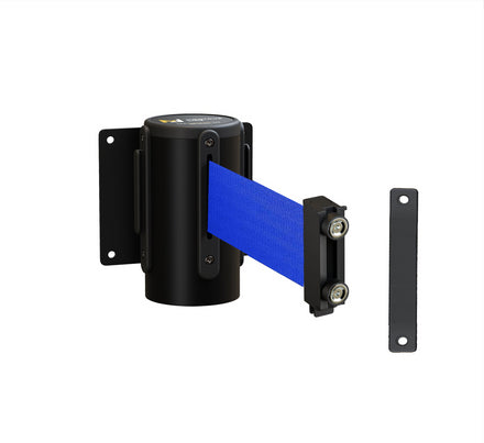 Fixed Wall Mount Retractable Belt Barrier with Magnetic Belt End, Black Steel Case, 14 ft or 16 ft Belt - Montour Line WM215
