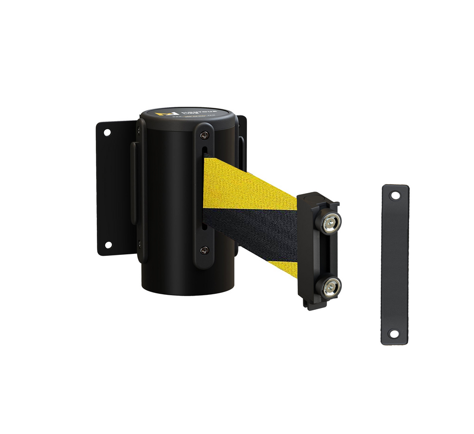 Fixed Wall Mount Retractable Belt Barrier with Magnetic Belt End, Black Steel Case, 14 ft or 16 ft Belt - Montour Line WM215