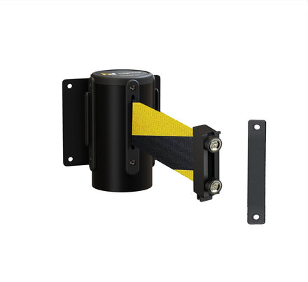 Fixed Wall Mount Retractable Belt Barrier with Magnetic Belt End, Black Steel Case, 14 ft or 16 ft Belt - Montour Line WM215