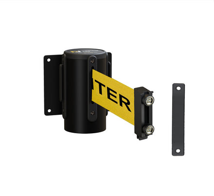 Fixed Wall Mount Retractable Belt Barrier with Magnetic Belt End, Black Steel Case, 14 ft or 16 ft Belt - Montour Line WM215
