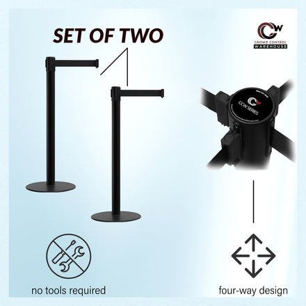 Retractable Belt Barrier Stanchion, Low Profile Steel Base, Black Post, 9 Ft. Belt - Montour Line MX630