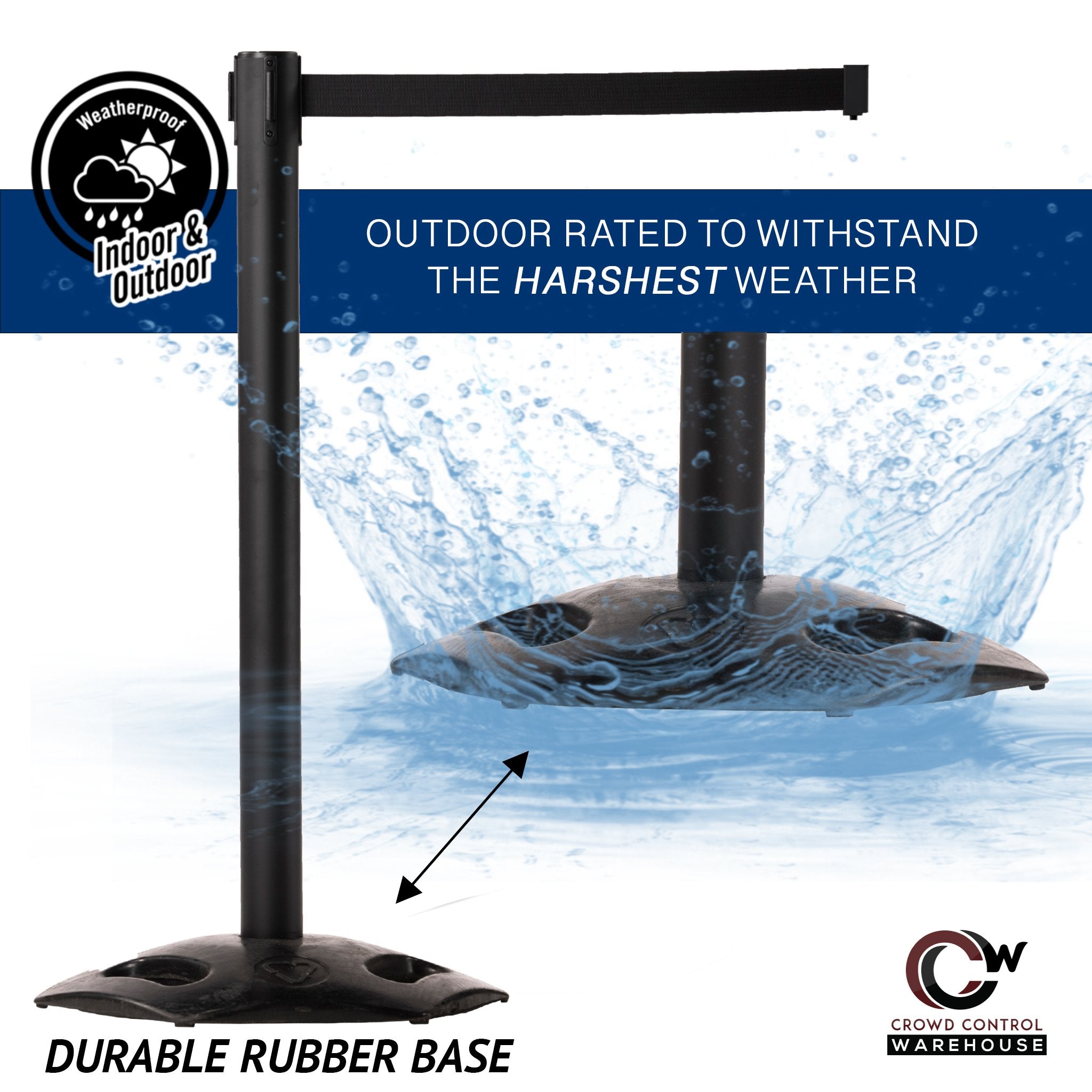 Outdoor Safety Retractable Belt Barrier, Rubber Base, 11 Ft. Belt - Montour Line MSR630 - Crowd Control Warehouse