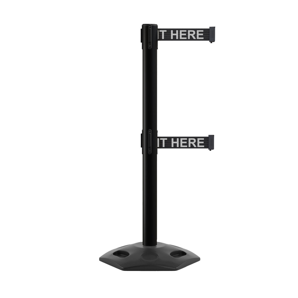 Outdoor Safety Retractable Dual Belt Barrier, Rubber Base, Black Post - Montour Line MSR630D - Crowd Control Warehouse