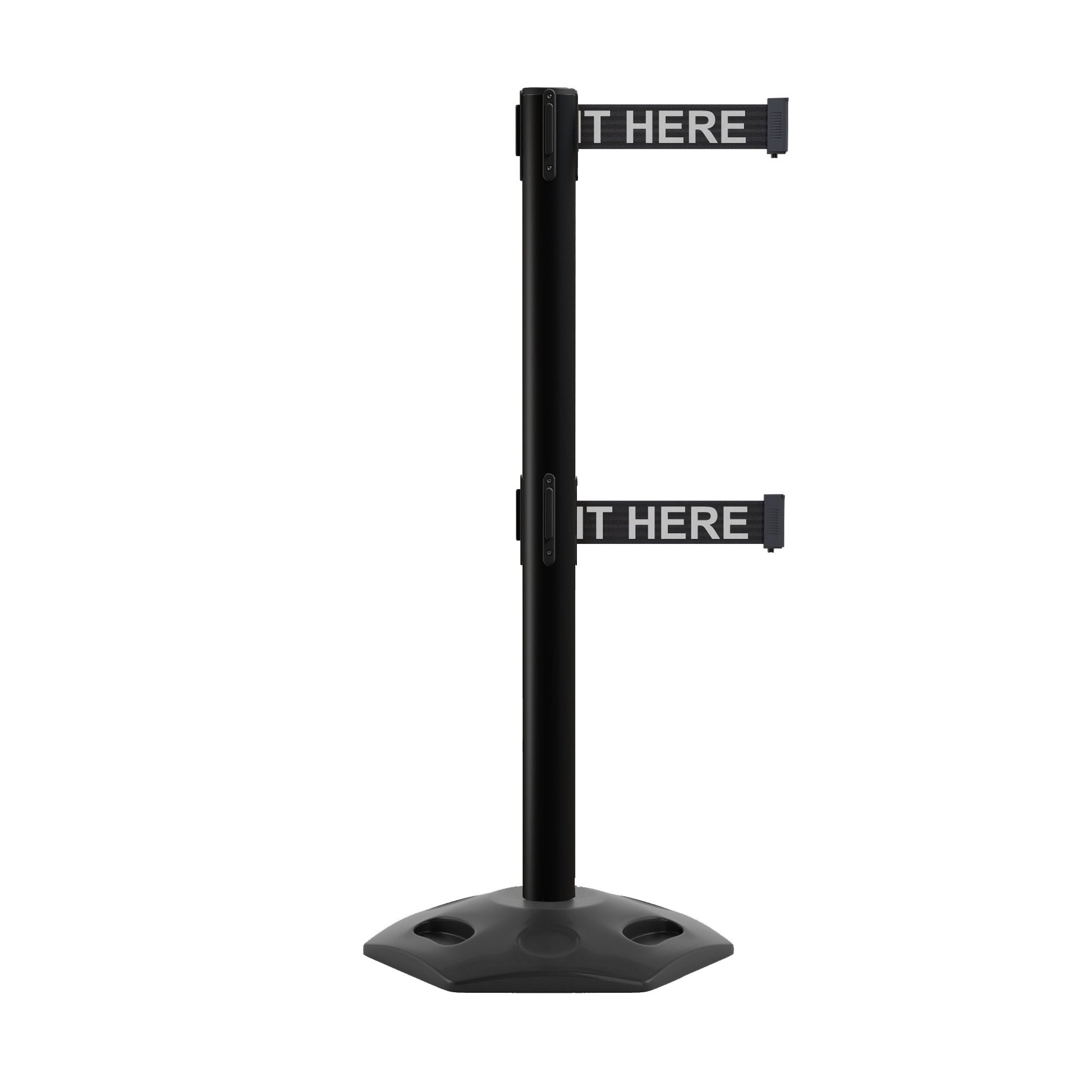 Outdoor Safety Retractable Dual Belt Barrier, Rubber Base, Black Post - Montour Line MSR630D - Crowd Control Warehouse