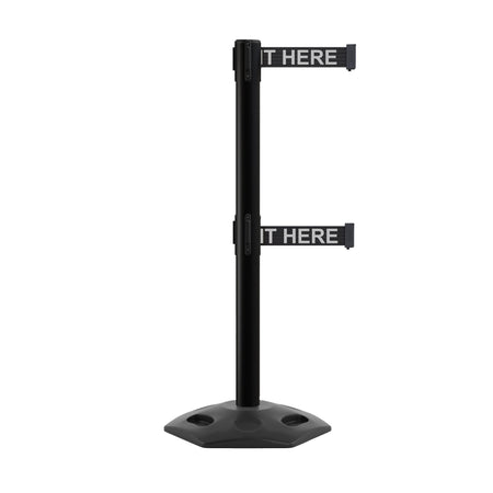Outdoor Safety Retractable Dual Belt Barrier, Rubber Base, Black Post - Montour Line MSR630D - Crowd Control Warehouse