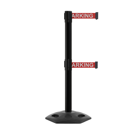 Outdoor Safety Retractable Dual Belt Barrier, Rubber Base, Black Post - Montour Line MSR630D - Crowd Control Warehouse