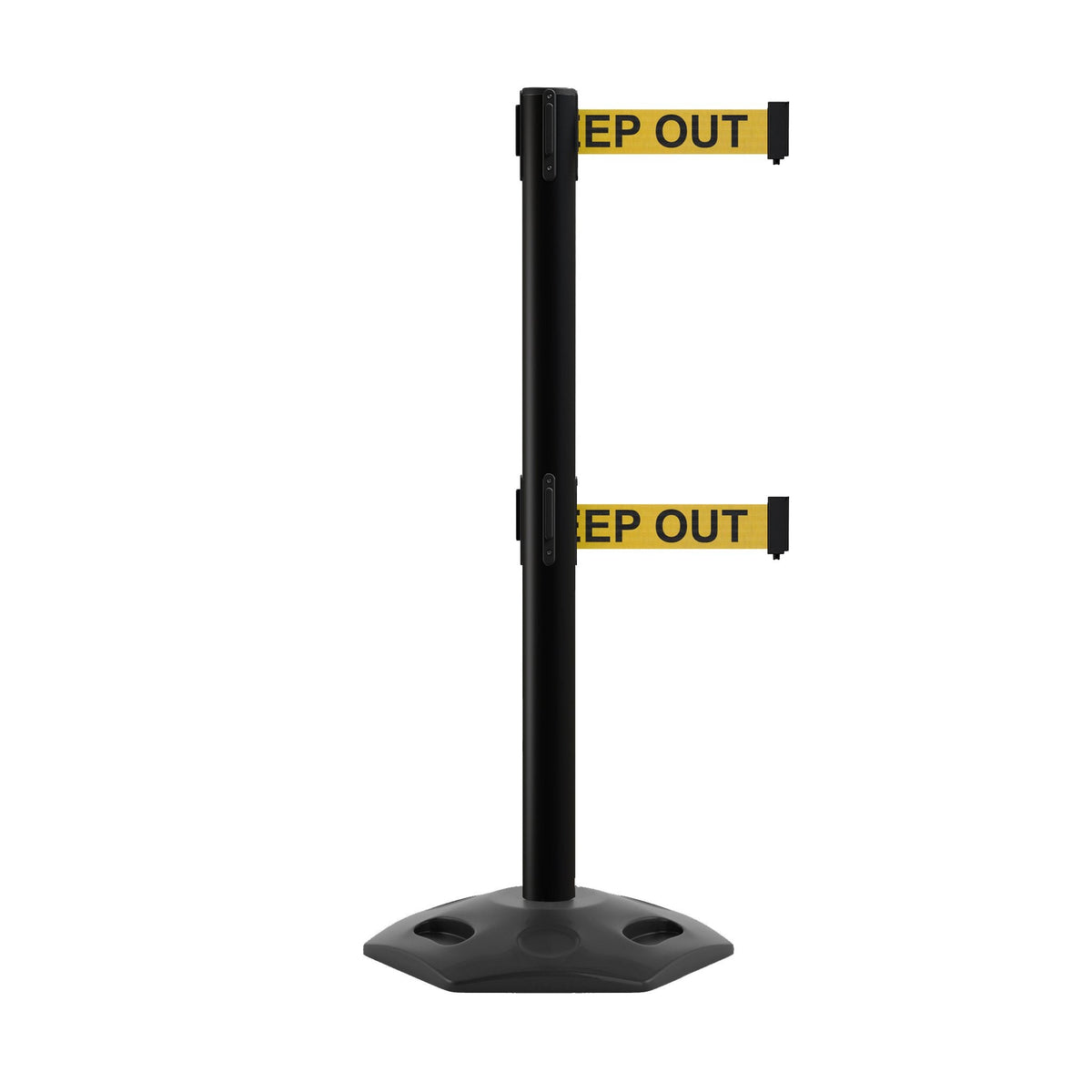 Outdoor Safety Retractable Dual Belt Barrier, Rubber Base, Black Post - Montour Line MSR630D - Crowd Control Warehouse