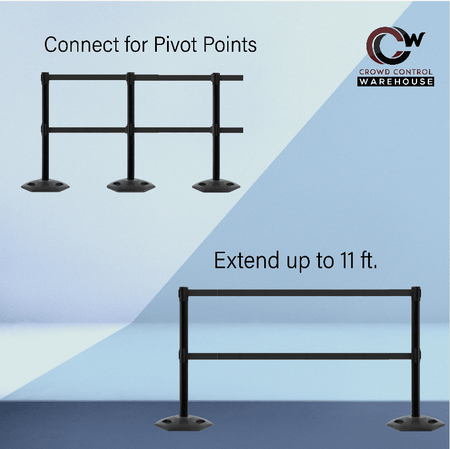 Outdoor Safety Retractable Dual Belt Barrier, Rubber Base, Black Post - Montour Line MSR630D - Crowd Control Warehouse