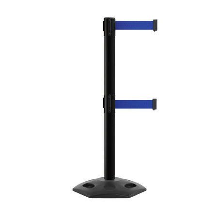 Outdoor Safety Retractable Dual Belt Barrier, Rubber Base, Black Post - Montour Line MSR630D - Crowd Control Warehouse
