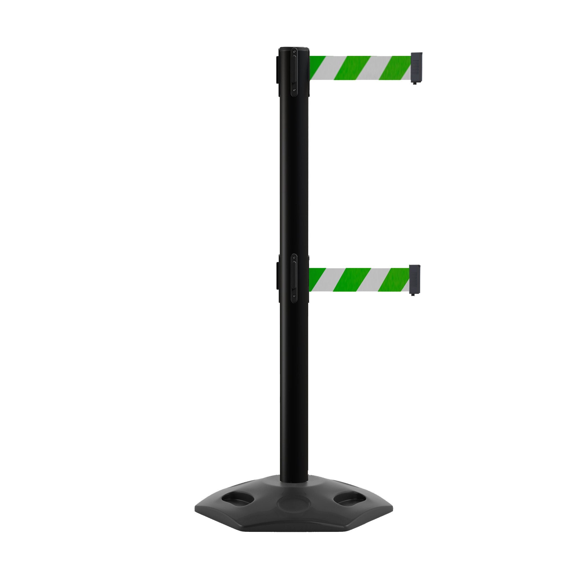 Outdoor Safety Retractable Dual Belt Barrier, Rubber Base, Black Post - Montour Line MSR630D - Crowd Control Warehouse